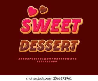 Vector yummy advertisement Sweet Dessert. Delicious Cake Font. Tasty Alphabet Letters and Numbers.