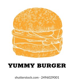 Vector yummy burger hand drawn flat fill with pickles, tomatoes, cheese, onions, mayo, ketchup, bread bun and meat. The vector is one united shape.