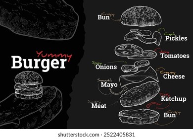 Vector yummy burger line art hand drawn with pickles, tomatoes, cheese, onions, mayo, ketchup, bread bun and meat. Vector outline of a burger with separate ingredients.
