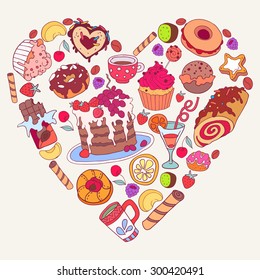 vector yummy cartoon chocolate background with sweets, cakes, donuts, tea and fruits in form heart