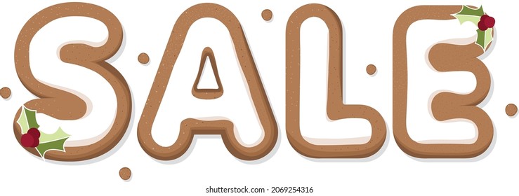 Vector Yummy Christmas Gingerbread Cookie with Icing Sale inscription illustration.