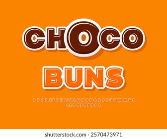 Vector yummy emblem Choco Buns. Orange Glossy Font. Sweet style Alphabet Letters and Numbers set