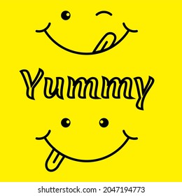 Vector yummy emoticon with tongue licking mouth isolated in yellow background