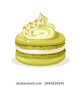 Vector yummy French dessert macarons with pistachio flavor decorated cream and pistachio nuts.