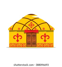 Vector Yurt Cartoon Illustration. House of Asian nomads. Mongolia home. Roof Hill. Historical Islamic warm housing. Kyrgyzstan tent. Kazakhstan building. Isolated on white background