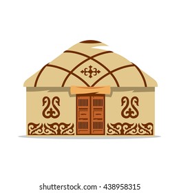 Vector Yurt Cartoon Illustration. House of Asian nomads. Mongolia home. Roof Hill. Historical Islamic warm housing. Kyrgyzstan tent. Kazakhstan building. Isolated on white background