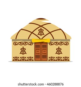 Vector Yurt Cartoon Illustration. House of Asian nomads. Home with traditional patterns on the walls and roof, with wooden double doors. Unusual Logo template isolated on a white background