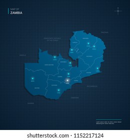 Vector Zambia map illustration with blue neon lightpoints - triangle on dark blue gradient background. Administrative divisions, cities, borders, capital. Neon tech background with glow. 