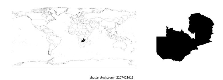 Vector Zambia map showing country location on world map and solid map for Zambia on white background. File is suitable for digital editing and prints of all sizes.