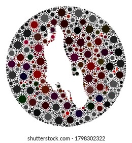 Vector Zanzibar Island map collage of covid-2019 virus. Infection attacks the lockdown territory from external zone. Hole circle Zanzibar Island map collage designed with pathogen elements.