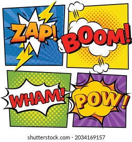 Vector Of Zap, Boom, Pow Text Over Explosions On Four Colourful Backgrounds. Graphic Decor Print Design, Superhero And Comic Book Concept Digitally Generated Image.