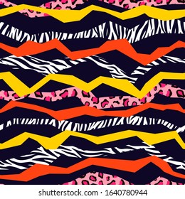 Vector zebra and leopard seamless geometric pattern design with stripes. Colorful fashion animal print