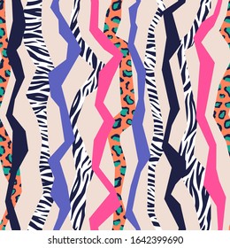 Vector zebra and leopard seamless geometric pattern design with stripes. Colorful fashion animal print