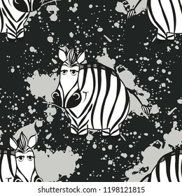 Vector zebra pattern for kids. Colorful seamless zebra and paint splash pattern. Perfect for greetings, invitations, manufacture wrapping paper, textile and web design. Vector pattern. 