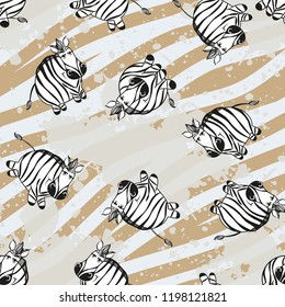 Vector zebra pattern for kids. Colorful seamless zebra, stripes and paint splash pattern. Perfect for greetings, invitations, manufacture wrapping paper, textile and web design. Vector pattern. 