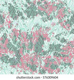 Vector zebra pattern over aqua blue watercolor splashes. Bold hand drawn chevron pattern for sport fashion with animal motifs. Seamless modern grunge striped background with zigzag lines and stripes