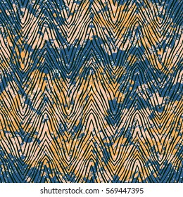 Vector zebra pattern over bright color watercolor splashes. Bold hand drawn chevron pattern for sport fashion with animal motif. Seamless modern grunge striped background with zigzag lines and stripes