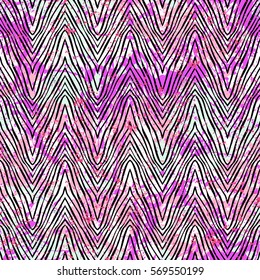 Vector Zebra Pattern Over Bright Pink Watercolor Splashes. Bold Hand Drawn Chevron Pattern For Sport Fashion With Animal Motifs. Seamless Modern Grunge Striped Background With Zigzag Lines And Stripes