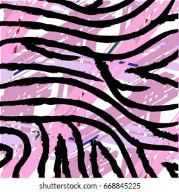 Vector zebra pattern over bright pink watercolor splashes. Bold hand drawn chevron pattern for sport fashion with animal motifs.  modern grunge striped background with zigzag lines and stripes