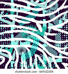 Vector zebra pattern over bright blue watercolor splashes. Bold hand drawn chevron pattern for sport fashion with animal motifs.  modern grunge striped background with zigzag lines and stripes