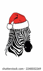 Vector zebra portrait in red Santa Claus hat on white isolated, Christmas illustration