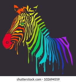 Vector zebra with rainbow stripes. Abstract safari animal with smudge colorful stripes