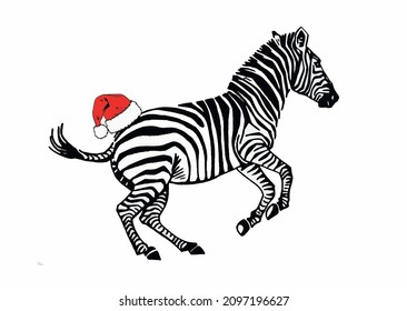 Vector zebra in red hat jumping, graphical illustration, savanna African animal