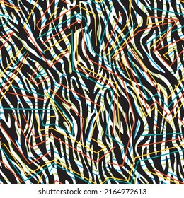 Vector zebra skin seamless pattern. Animal fur stripes texture ornament. Curved wavy lines. Stylish fashion striped illustration for design of fabric and textile.