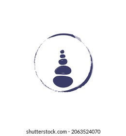 Vector zen illustration in blue, white colors. Ink painted enso symbol stones. Harmony symbolic composition with hand drawn circle and round shapes. Blue watercolor circle. Asian garden graphic print