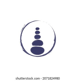 Vector zen illustration in blue, white colors. Ink painted enso symbol stones. Harmony symbolic composition with hand drawn circle and round shapes. Blue watercolor circle. Asian garden graphic print