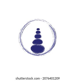 Vector zen illustration in blue, white colors. Ink painted enso symbol stones. Harmony symbolic composition with hand drawn circle and round shapes. Blue watercolor circle. Asian garden graphic print
