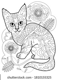 Vector zen tangle cat drawing. Doodle adult colouring book page. 