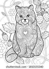 Vector zen tangle cat drawing. Doodle adult colouring book page. 