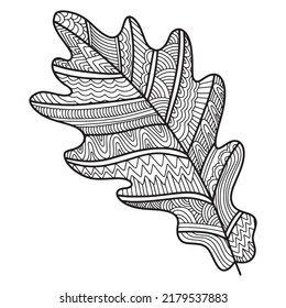 Vector zen tangle and doodle oak leaf. Nature coloring book. Black and white zentangle. Doodle handdrawn illustration