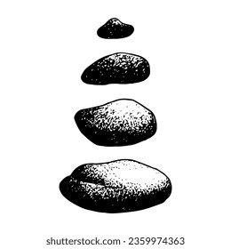 Vector Zen yoga stones stack or spa pebbles black and white graphiic line illustration set. Separate stones for balance pyramid