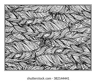 Vector zendoodle feathers pattern coloring page for art therapy