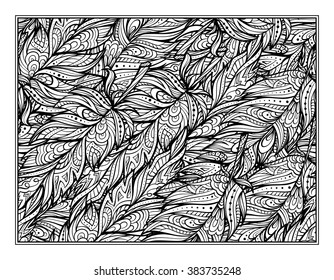 Vector zendoodle feathers pattern coloring page for art therapy
