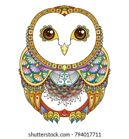 Vector zendoodle ornate owl illustration. Cute patterned funny bird. Picture for coloring pages, printing and antistress books.