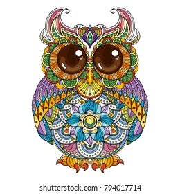 Vector zendoodle ornate owl illustration. Cute patterned funny bird. Picture for coloring pages, printing and antistress books.