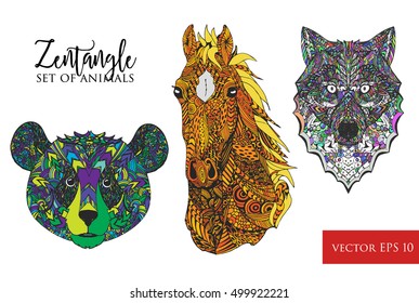 Vector zentangle animals isolated. Horse, panda,wolf heads. Hand drawn high detailed objects for print, poster, banner advertisement, web design.