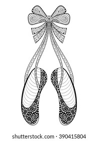 Vector zentangle ballet dance shoes symbol, patterned illustration. Hand drawn ornamental pointe shoes with ribbon bow, print for adult anti stress coloring page