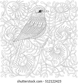 Vector zentangle Bird. Cartoon exotic and tropical hummingbird on branch in patterned doodle style. Hand drawn sketch for adult antistress coloring page book, t-shirt print, tattoo, art logotype.