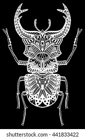 Vector Zentangle Bug, monochrome illustartion tribal totem insect for adult Coloring books or tattoos with high details isolated on black background. Vector white sketch.
