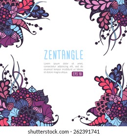 Vector zentangle card template. Colorful doodle ornament on light background. Pink, purple, blue petals and leaves on white background. Gorgeous save-the-date or invitation card.
