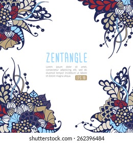 Vector zentangle card template. Colorful doodle ornament on light background. Blue, white, beige, red petals on white background. Gorgeous save-the-date or invitation card with ornated corners. 