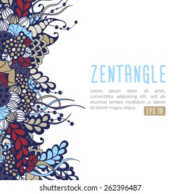 Vector zentangle card template. Colorful doodle ornament on light background. Blue, white, beige, red petals on white background. Gorgeous save-the-date or invitation card with ornated left border. 