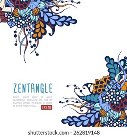 Vector zentangle card template. Colorful doodle ornament on light background. Pink, purple, blue petals and leaves on white background. Gorgeous save-the-date or invitation card.