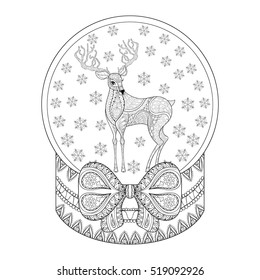 Vector Zentangle Christmas Snow Globe With Reindeer, Snowflakes. Hand Drawn Snowglobe For Adult Coloring Book, Pages, Art Therapy. Illustration For New Year 2017, Posters And Greeting Cards