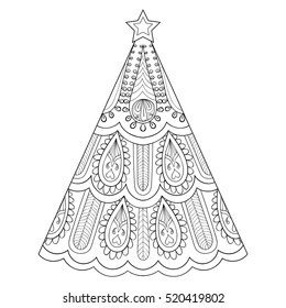 Vector zentangle Christmas tree, ornamental hand drawn illustration for adult anti stress coloring page, books, art therapy, greeting cards, posters, invitation.