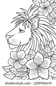 Vector zentangle coloring book page lion in flowers. Anti-stress for adults and children.